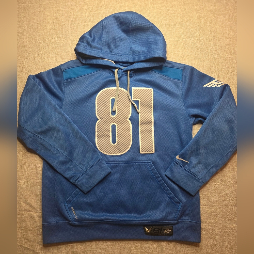 Nike Detroit Lions Hoodie Mens M Blue Therma Fit Calvin Johnson 81 Pullover 6106